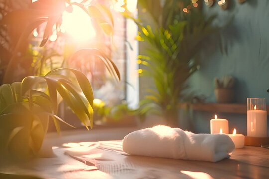 Cozy home spa setting with lit candles, towels, and plants at sunset