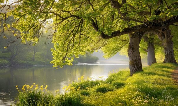 A tranquil riverbank lined with budding trees and vibrant greenery. Spring nature background