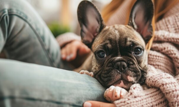 French bulldog puppy cuddling with its owner on a soft couch