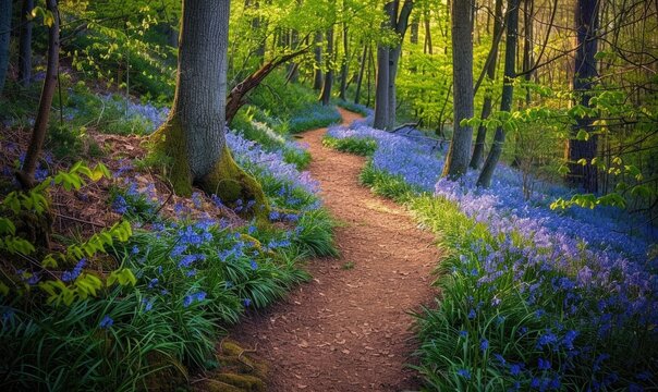 A winding pathway through a lush forest carpeted with vibrant bluebells