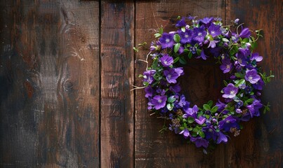 Bellflower wreath on a wooden door