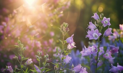 Bellflowers blooming in a cottage garden, closeup view, soft focus - obrazy, fototapety, plakaty