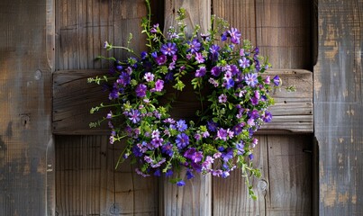Fototapeta na wymiar Bellflower wreath on a wooden door