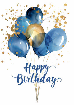 Blue and gold balloon watercolor birthday card