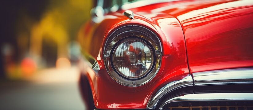Close up of a red classic car with black headlight
