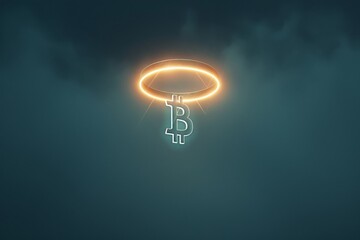 minimalistic glowing bitcoin sign surrounded by a halo of light floating in the dark void symbolizing its status as a beacon of financial freedom and innovation. 