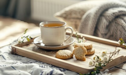 Bergamot tea served on a wooden tray with biscuits - obrazy, fototapety, plakaty