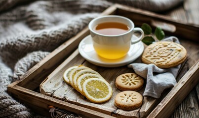Fototapeta premium Bergamot tea served on a wooden tray with biscuits