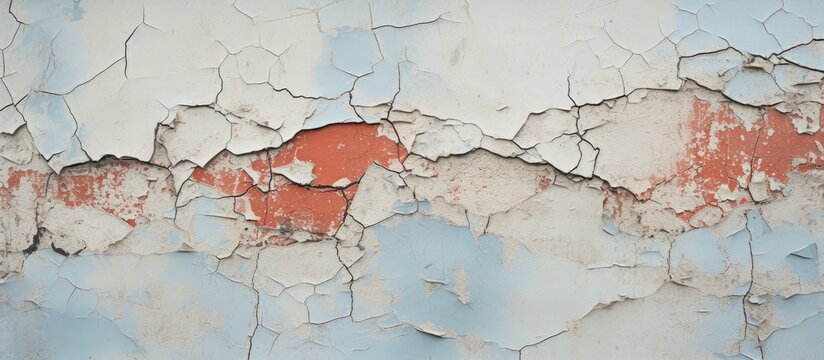 Peeling wall with red and white paint close up