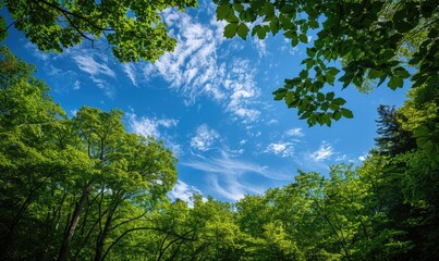 Obraz na płótnie Canvas Blue skies over a green forest, spring nature background