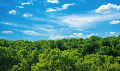 Fototapeta premium Blue skies over a green forest, spring nature background