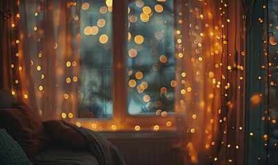 Bokeh lights in warm tones casting a soft glow in a cozy indoor setting