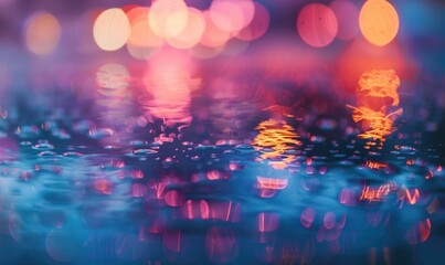 Bokeh lights reflecting off water droplets on a rainy day