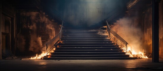 Dark staircase ablaze with fire in a burnt structure - obrazy, fototapety, plakaty