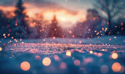 Bokeh lights sparkling against a snowy landscape, closeup view - Powered by Adobe