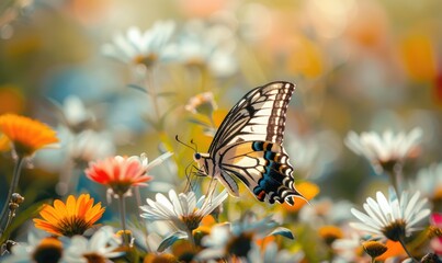 Obraz premium Butterfly amidst wildflowers, closeup view, selective focus, spring nature