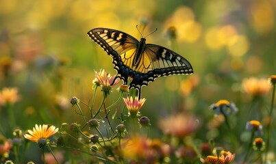 Butterfly amidst wildflowers, closeup view, selective focus, spring nature