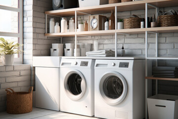 Modern laundry room interior with washing machines, dryer, beautifully folded clean fresh linen, towels, detergents - obrazy, fototapety, plakaty