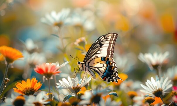 Butterfly amidst wildflowers, closeup view, selective focus, spring nature