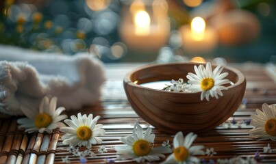 Obraz na płótnie Canvas Chamomile essential oil in a spa setting, closeup view, skin care cosmetic background