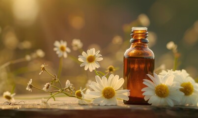 Chamomile essential oil in a dropper bottle, closeup view, skin care cosmetic background - obrazy, fototapety, plakaty