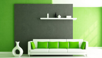 Sofa And Pillows In Green Interior, white leather couch and six green throw pillows