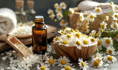 Chamomile essential oil in a dropper bottle, closeup view, skin care cosmetic background