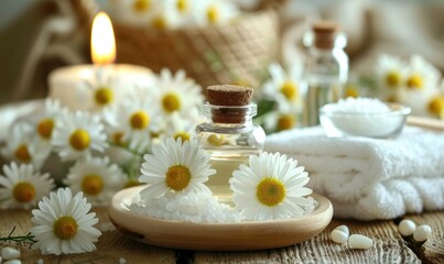Fototapeta na wymiar Chamomile essential oil in a dropper bottle, closeup view, skin care cosmetic background