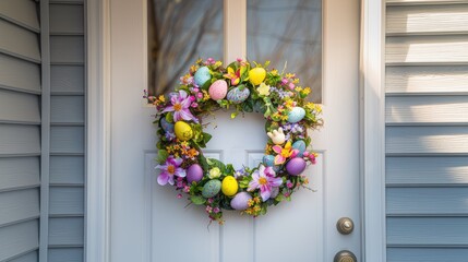 a porch adorned with a white front door, embellished with a Spring wreath featuring Easter motifs like eggs, flowers, and bunnies, against a backdrop of rich spring colors.