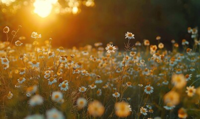 Chamomile field at golden hour, spring nature background