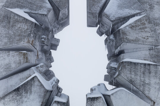 Winter scenery of the Kadinjača Memorial Complex, Serbia. Yugoslav monument commemorating the struggles of the partisan during World War 2.