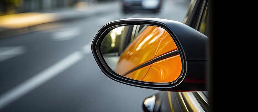 Side mirror of a car reflecting another vehicle