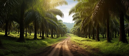 Dirt pathway surrounded by tall palm trees in lush field