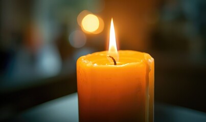 Close-up of a candle burning brightly with soft focus on the flame