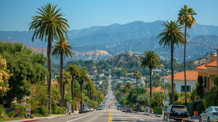 Fototapeta premium Palm Trees Lining Street With Mountain Backdrop