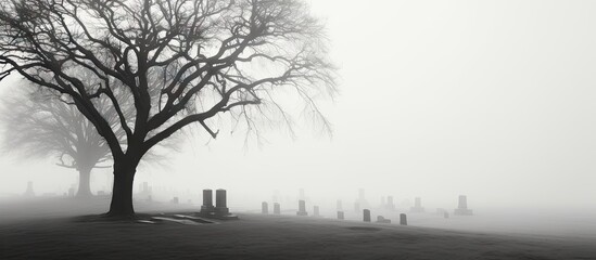 Tree in dense cemetery fog with scattered tombstones