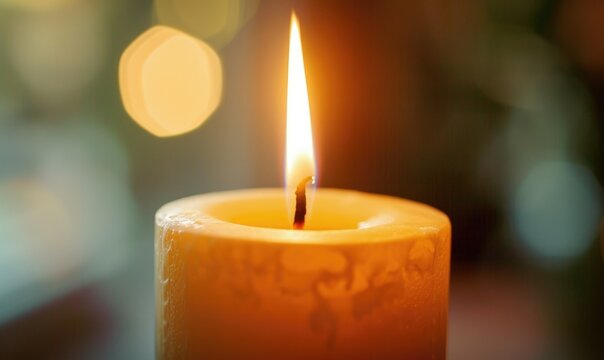 Close-up of a candle burning brightly with soft focus on the flame