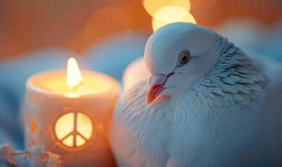 Close-up of a white pigeon with glowing candle with a peace symbol carved into it