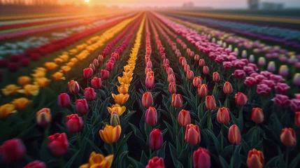 Fotobehang Colorful Rows of Tulips in a Field © olegganko
