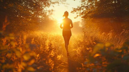 Woman jogging in the forest - obrazy, fototapety, plakaty