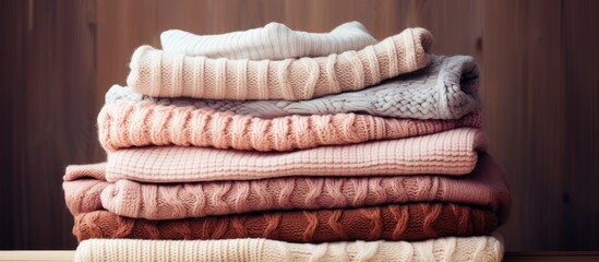 Stack of folded warm sweaters on table