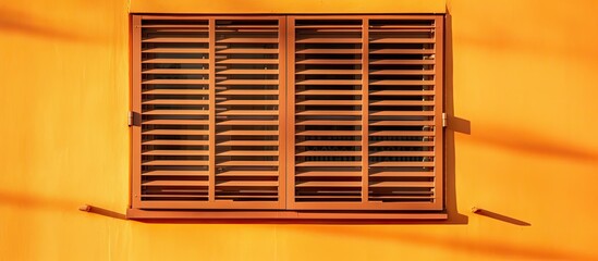 Window with wooden shutter on yellow wall