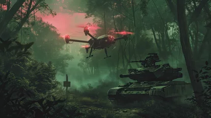 Poster a drone armed with explosives hovering over a tank amidst a lush summer forest, vividly depicting the stark contrast between beauty and danger in the saturated summer colors. © lililia