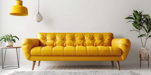A bright yellow couch in a white room