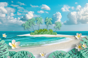 Fototapeta na wymiar a bright idyllic view of a tropical beach: palm trees, coastal waves, turquoise sea, blue sky, with elements of paper cut, the concept of tourism,travel,beach holidays,spa industry,relaxation