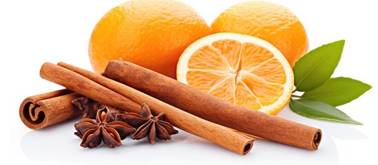 Cinnamon, orange, and anise on white surface