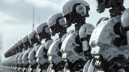 Fototapeta premium AI-Controlled Robot Soldiers at Advanced Military Base