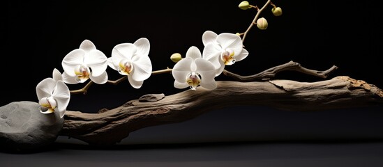 White orchid flower and black stones on a branch
