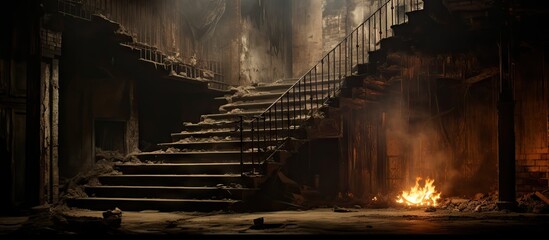 Dark room with fire and staircase to upper level - obrazy, fototapety, plakaty
