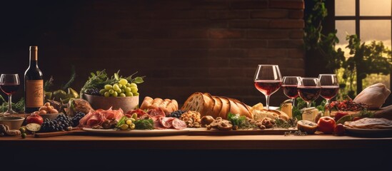 A close up of a table with a bunch of food and wine - Powered by Adobe